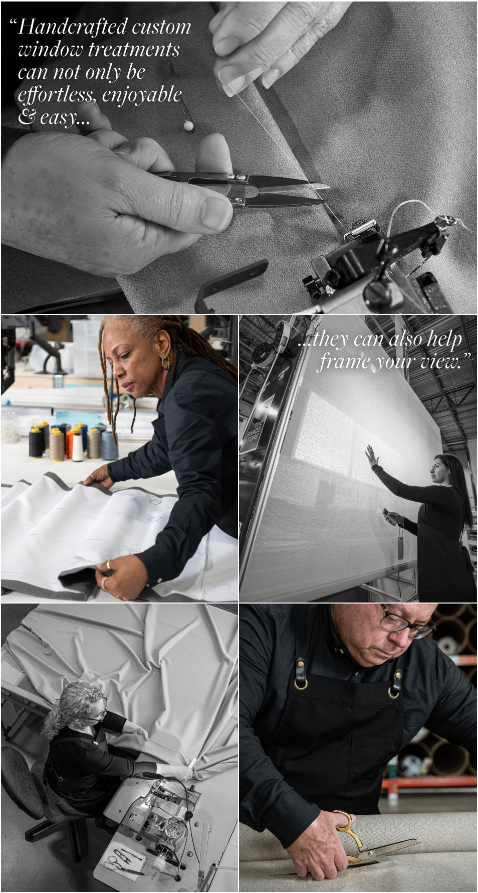 A collage of images shows artisan craftspeople from The Shade Store creating custom window treatments by hand