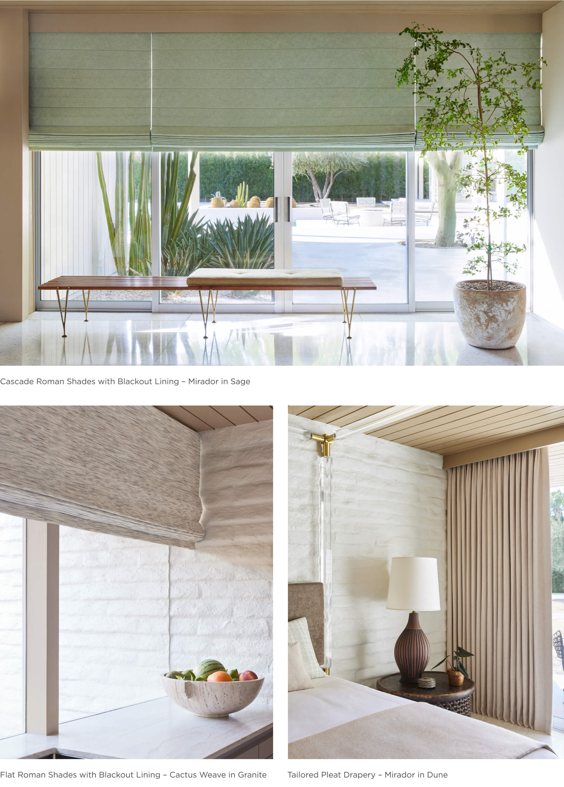 A triad of images showing the versatility of the new Martyn Lawrence Bullard's Palm Spring Collection on various windows