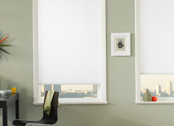 Two windows with a sky line view featuring cellular shades in 3/4 single cell white in a kitchen with green walls and table