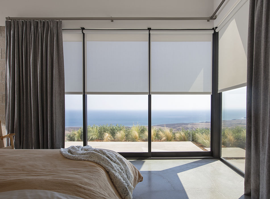 Thick cotton-linen Inverted Pleat sliding glass door curtain in a Herringbone Onyx finish