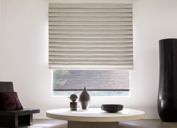 A window featuring a pleated Cellular Shade in 3/4 inch Single Cell LF and color Lace in an all white Bathroom