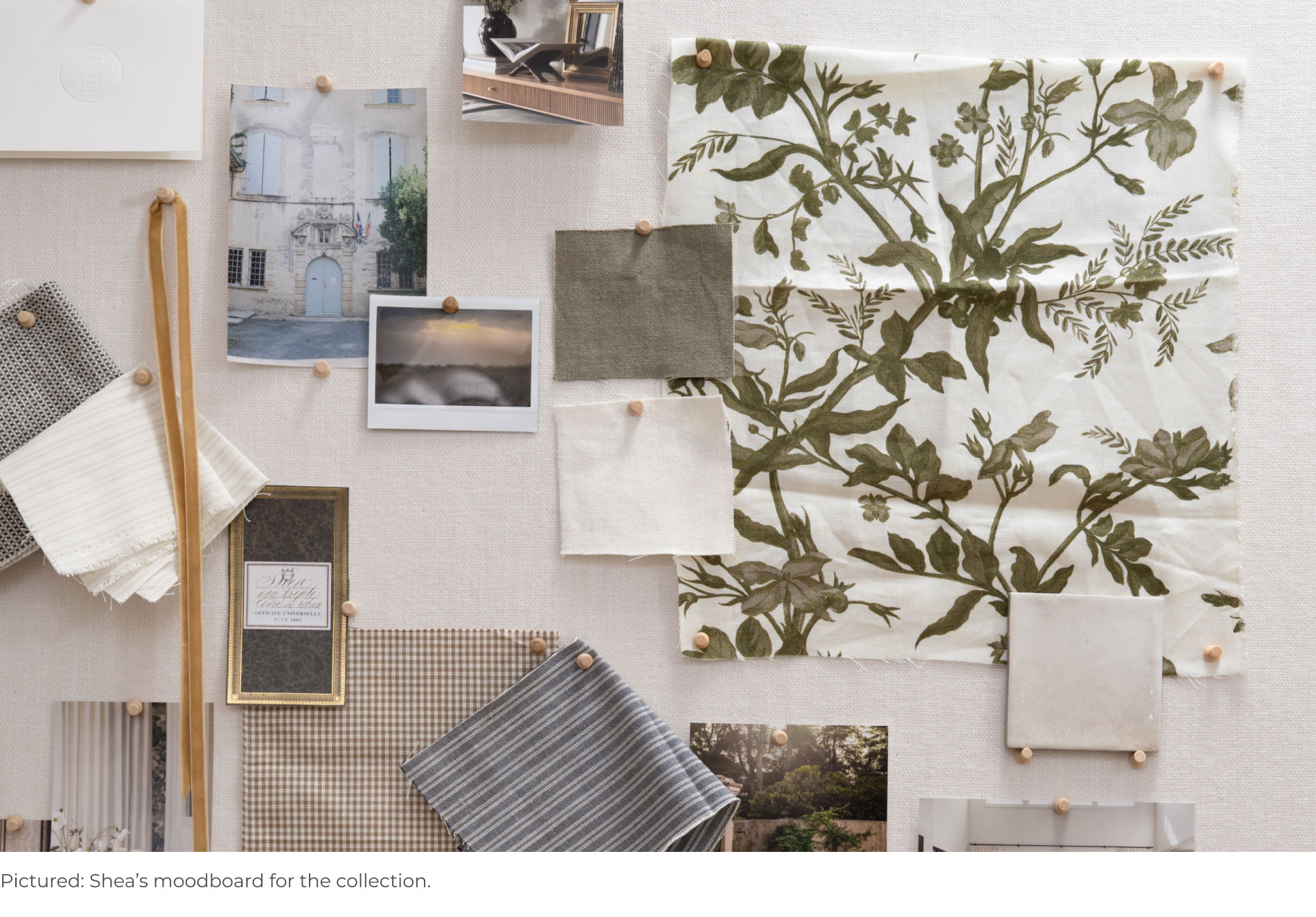 Shea McGee's pin board full of inspiration visuals and fabrics from her window treatment collection for The Shade Store