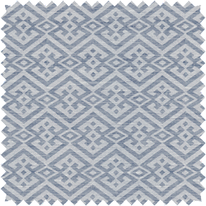 A swatch of Vanda in Sky shows the cool grey-blue color and detailed pattern ideal for coastal bedroom window treatment ideas
