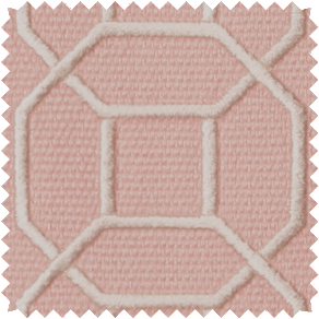 A swatch of Sakiori Embroidered trim in Blush shows a geometric pattern in white over a pink backdrop