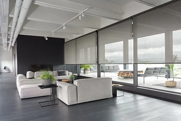 Transitional window shades in a cool monochrome gray living room include Solar shades made of 5% Metallic in Zinc
